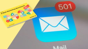 Symbol einer E-Mail-App mit 501 ungelesenen Nachrichten und einer Vorschau des E-Mail-Marketing-Benchmark-Berichts von Inxmail.