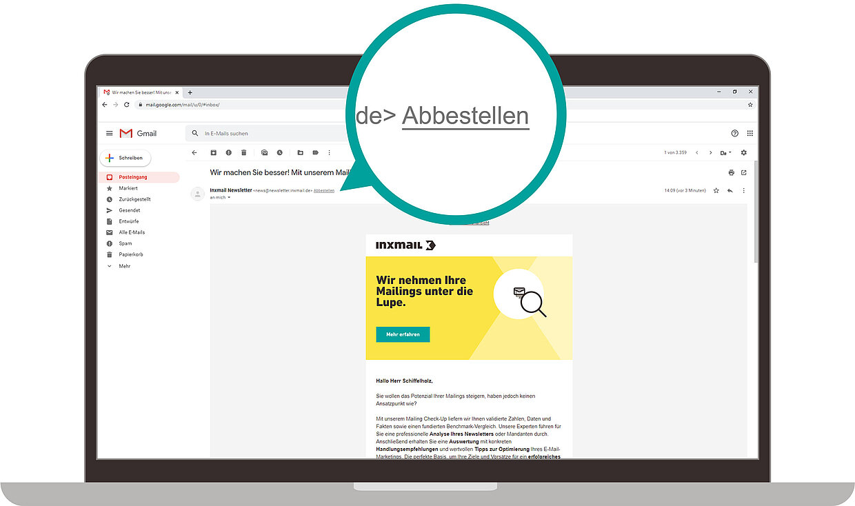 Ein Screenshot einer Gmail-E-Mail im Posteingang auf einem Laptop. Die E-Mail stammt von Inxmail und zeigt ein Newsletter-Abonnement. Es gibt eine vergrößerte Ansicht des 'Abbestellen'-Links, der zum Abmelden von diesem Newsletter führt.