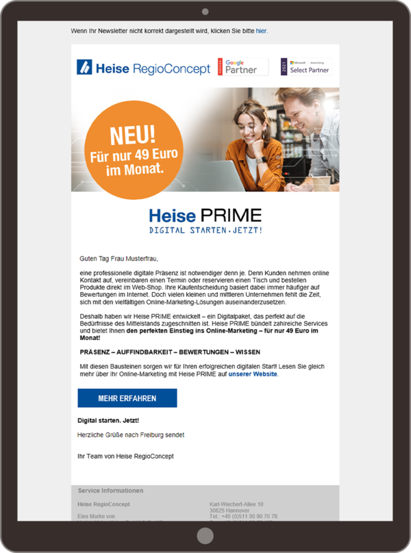 Newsletter von Heise RegioConcept, der das Heise PRIME Online-Marketing-Paket für kleine und mittlere Unternehmen bewirbt. Das Angebot kostet 49 Euro im Monat und bietet verschiedene Online-Marketing-Services. Oben rechts sind Logos der Google- und Microsoft-Partnerschaften abgebildet, mit einem großen orangefarbenen Kreis, der die 49 Euro pro Monat hervorhebt. Eine Frau und ein Mann arbeiten gemeinsam an einem Laptop, während der Text das Angebot und die Vorteile erklärt.