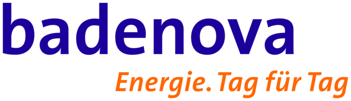 Logo von Badenova mit dunkelblauem Schriftzug und orangefarbenem Slogan.