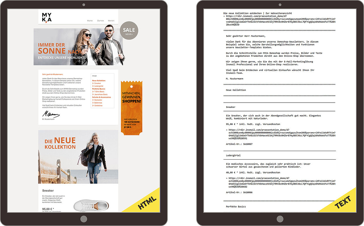 Eine visuelle Darstellung eines E-Mail-Newsletters auf zwei Tablets. Auf dem linken Tablet ist die HTML-Version des Newsletters zu sehen, die farbenfroh gestaltet ist und Bilder sowie Formatierungen enthält. Auf dem rechten Tablet wird die Textversion des Newsletters dargestellt, die einfacheren Text mit Links und ohne Formatierungen enthält. Am unteren Rand der Tablets stehen die Begriffe 'HTML' und 'TEXT', um die beiden Formate zu kennzeichnen.