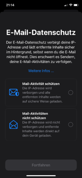 iPhone screen showing Apple Mail Privacy Protection settings. The user can choose between protecting their mail activity by hiding the IP address or not protecting mail activity, allowing the IP address to be visible.