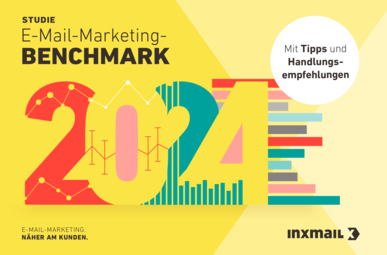 Cover der Studie 'E-Mail-Marketing-Benchmark 2024' von Inxmail. Bunte Zahlen '2024' mit grafischen Darstellungen und dem Text 'Mit Tipps und Handlungsempfehlungen'.