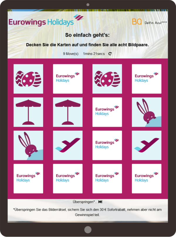 Memory-Spiel auf einem Tablet-Bildschirm mit Karten, die verschiedene Symbole und das Logo von Eurowings Holidays zeigen. Anweisungen zur Spielweise werden angezeigt, um Bildpaare zu finden.