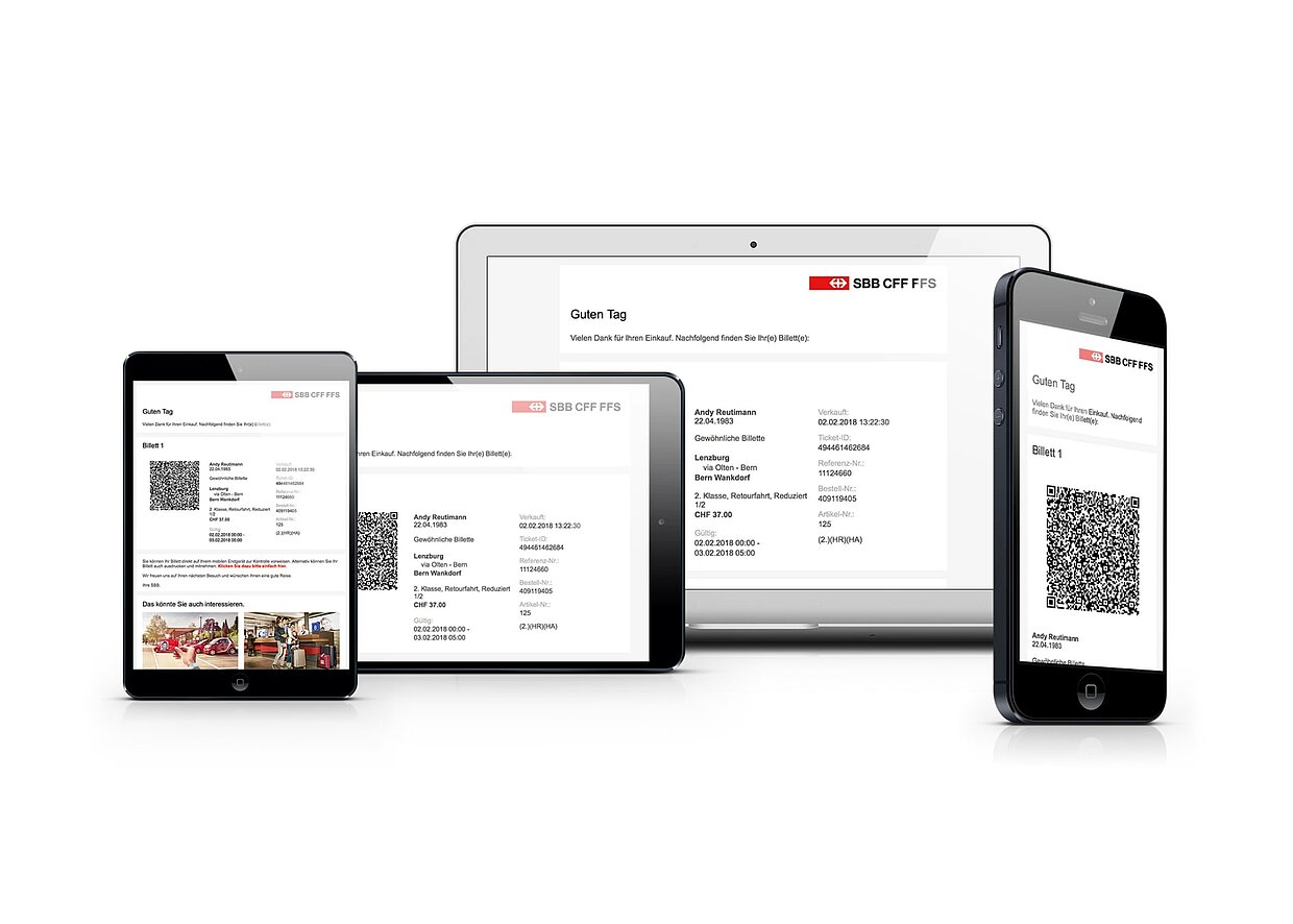 Mehrere elektronische Geräte zeigen ein digitales SBB-Ticket mit QR-Code, darunter ein Smartphone, Tablet und Laptop.