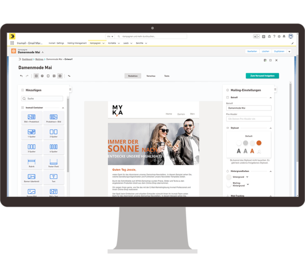 Screenshot eines Desktops, der die Benutzeroberfläche von Inxmail in Salesforce zeigt. Auf dem Bildschirm wird eine E-Mail-Kampagne mit dem Titel 'Damenmode Mai' für die Marke MYKA erstellt. Die Benutzeroberfläche zeigt verschiedene Werkzeuge auf der linken Seite zur Gestaltung der E-Mail, während auf der rechten Seite Einstellungen für das Mailing angezeigt werden.