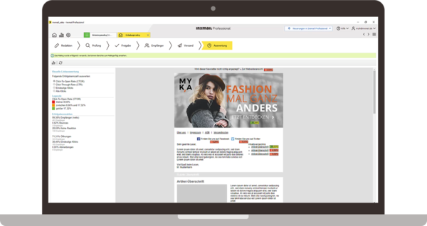 Benutzeroberfläche der SMARTCRM-Software im Schritt der Versand-Auswertung. Der Bildschirm zeigt die Analyse eines versendeten Mailings mit einer Übersicht der wichtigsten Leistungskennzahlen, wie Öffnungsrate, Klickrate und Abmelderate. Das Mailing enthält das Bild einer Frau mit dem Text „Fashion mal ganz anders – Jetzt entdecken“.