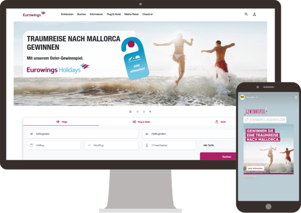 Bild einer Desktop- und Smartphone-Ansicht einer Eurowings Holidays Webseite, die ein Oster-Gewinnspiel für eine Traumreise nach Mallorca bewirbt. Im Hintergrund laufen zwei Personen am Strand ins Meer.