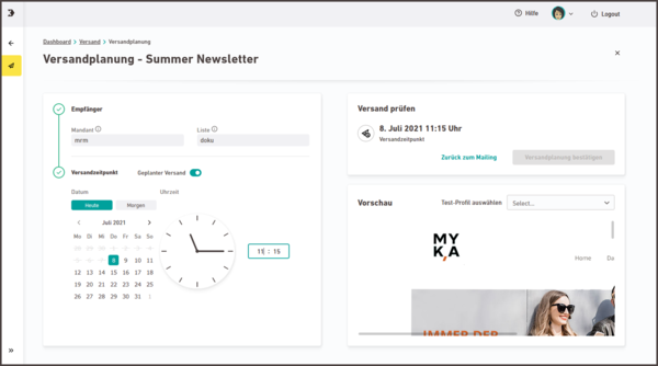 Benutzeroberfläche der Versandplanung für den „Summer Newsletter“ in der SAP Sales Cloud. Links ist ein Kalender zur Auswahl des Versanddatums und eine Uhr zur Bestimmung der Uhrzeit zu sehen. Rechts wird der Versandzeitpunkt (8. Juli 2021, 11:15 Uhr) überprüft und eine Vorschau des Newsletters angezeigt, die das Logo „MYKA“ beinhaltet. Oben befinden sich Schaltflächen für die Rückkehr zum Mailing und zur Bestätigung der Versandplanung.