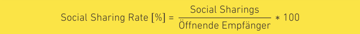 Formel zur Berechnung der Social Sharing Rate. Die Social Sharing Rate [%] wird berechnet, indem die Anzahl der Social Sharings durch die Anzahl der öffnenden Empfänger geteilt und das Ergebnis mit 100 multipliziert wird.