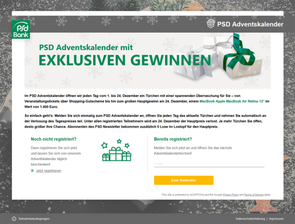 Anmeldeseite für den PSD Adventskalender mit dem Titel 'Exklusive Gewinne'. Die Seite bewirbt tägliche Preise vom 1. bis 24. Dezember, mit dem Hauptgewinn eines MacBook Air Retina 13". Es gibt einen Abschnitt zur Registrierung und ein Anmeldeformular. Rechts oben sind weihnachtlich verpackte Geschenke abgebildet.