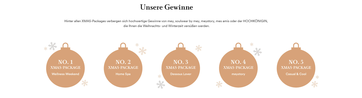 Screenshot einer Weihnachtsgewinnspiel-Seite mit dem Titel 'Unsere Gewinne'. Es werden fünf XMAS-Packages dargestellt, jeweils in Form von Weihnachtskugeln. Die Gewinne umfassen: No. 1 Wellness Weekend, No. 2 Home Spa, No. 3 Dessous Lover, No. 4 meystory und No. 5 Casual & Cool.