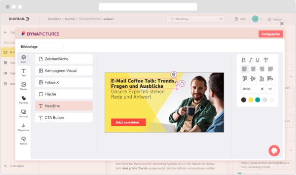 Screenshot des Inxmail-Editors mit einer Vorschau eines E-Mail-Marketing-Banners. Das Banner bewirbt eine Veranstaltung mit dem Titel 'E-Mail Coffee Talk: Trends, Fragen und Ausblicke', begleitet von einem Bild von zwei Personen, von denen eine eine Tasse Kaffee hält. Es gibt Optionen zur Bearbeitung von Text, Formatierung und Bildpositionierung.