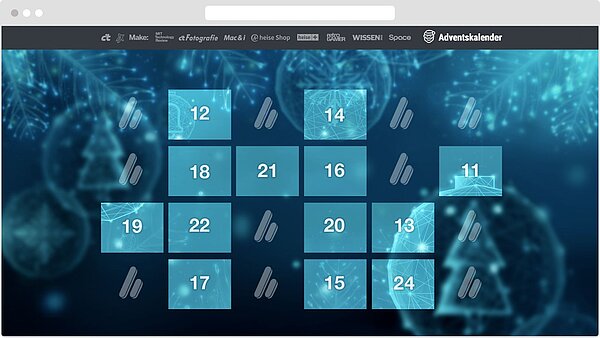 Screenshot eines digitalen Adventskalenders auf der Heise-Website. Der Kalender zeigt nummerierte Türchen mit verschiedenen Daten, die in einer blauen, festlichen Gestaltung angezeigt werden.