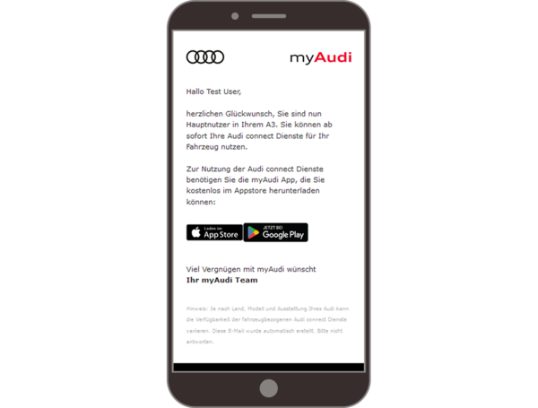 Mobilgerät zeigt eine Transaktions-E-Mail von Audi mit dem Logo und der Begrüßung 'Hallo Test User', die den Hauptnutzer des Fahrzeugs bestätigt und Anweisungen zur Nutzung der myAudi App gibt, einschließlich Links zum Herunterladen der App aus dem App Store und Google Play Store.