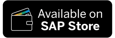 Logo mit dem Text 'Available on SAP Store', dargestellt auf einem schwarzen Hintergrund. Links neben dem Text befindet sich ein Symbol eines Geldbeutels mit mehreren farbigen Karten darin.