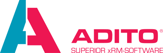 Logo von ADITO, bestehend aus einem stilisierten Buchstaben 'A' in Rot und Türkis, daneben der Schriftzug 'ADITO' in Rot und darunter der Slogan 'SUPERIOR xRM-SOFTWARE'.