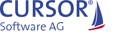 Logo der CURSOR Software AG in blauer Schrift, bestehend aus dem Schriftzug 'CURSOR Software AG' und einem stilisierten Segelboot-Symbol rechts neben dem Schriftzug.