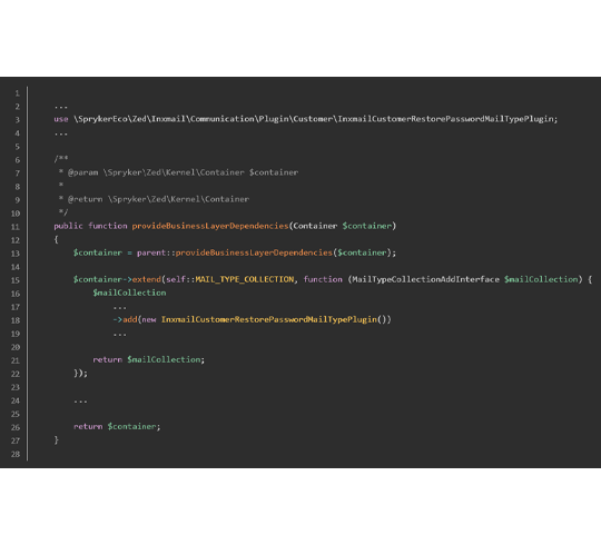 Bildschirmfoto eines Code-Beispiels zur Integration von Inxmail in Spryker. Der Code zeigt eine PHP-Funktion, die Business-Layer-Abhängigkeiten bereitstellt und eine Mail-Typ-Kollektion erweitert, um das Inxmail Customer Restore Password MailType Plugin hinzuzufügen.