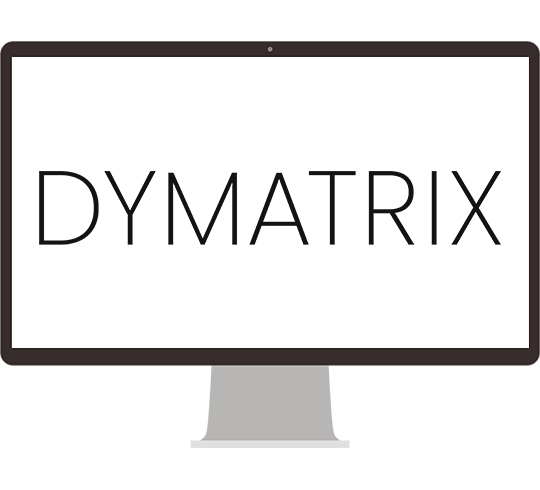 Ein Bildschirm, auf dem das Logo von DYMATRIX in schwarzer Schrift auf einem weißen Hintergrund angezeigt wird.