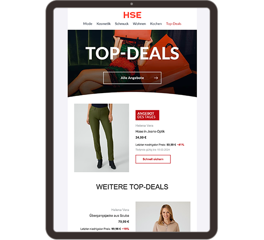 Darstellung einer HSE-Webseite auf einem Tablet mit dem Titel 'TOP-DEALS'. Es werden verschiedene Angebote angezeigt, darunter eine grüne Hose als 'Angebot des Tages' und weitere Top-Deals darunter.