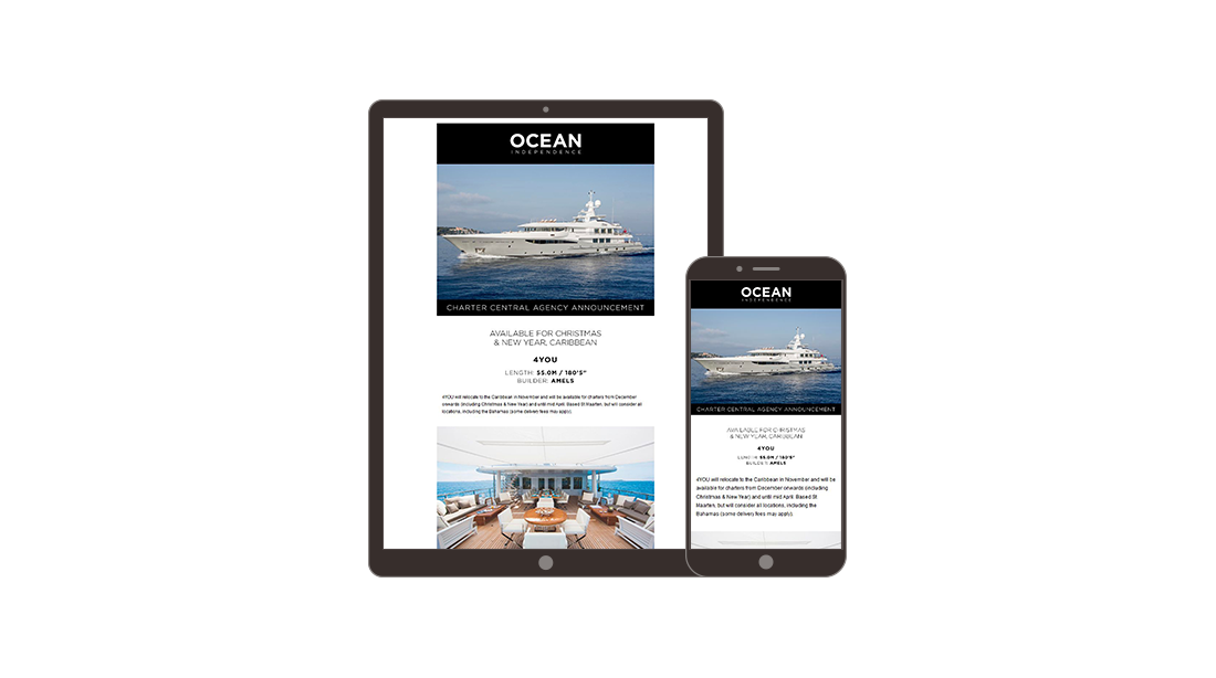 Darstellung einer Ocean Independence-Webseite auf einem Tablet und einem Smartphone. Die Seite zeigt ein Charter-Angebot für eine Yacht, mit Bildern der Yacht auf dem Meer und einer luxuriösen Außenterrasse.