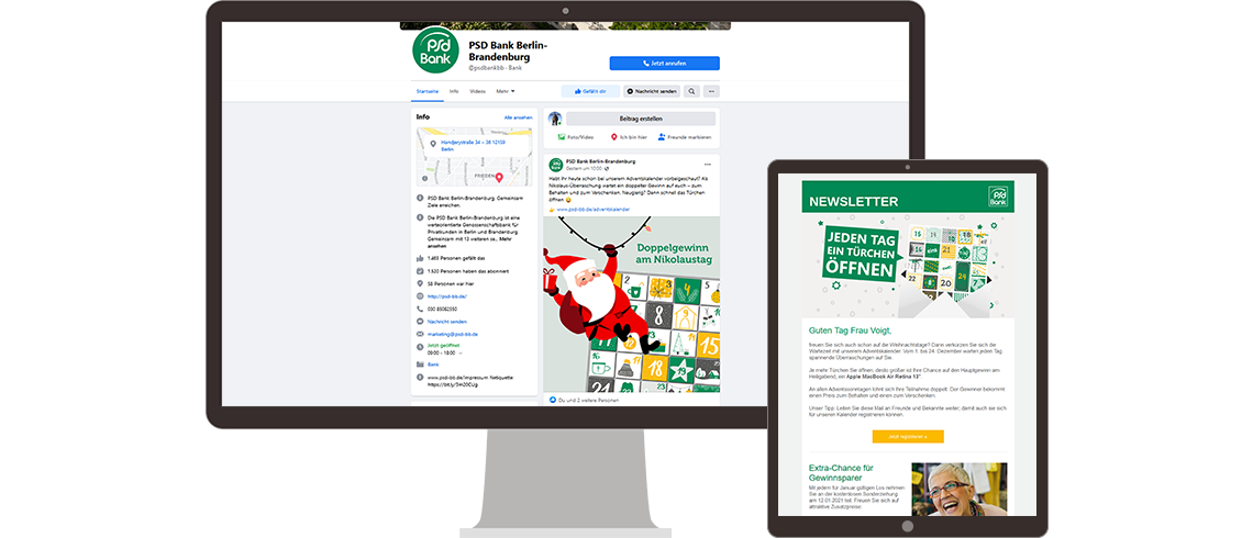 Darstellung der PSD Bank Adventskalender-Aktion auf einem Laptop und einem Tablet. Auf dem Laptop wird die Facebook-Seite der PSD Bank Berlin-Brandenburg gezeigt, während auf dem Tablet ein Newsletter mit der Aufforderung 'Jeden Tag ein Türchen öffnen' dargestellt wird.
