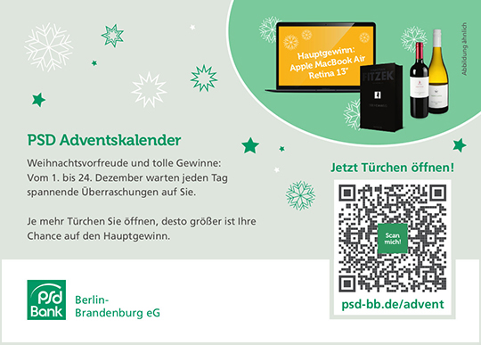 Postkarte der PSD Bank Berlin-Brandenburg mit Werbung für einen Adventskalender. Der Hauptgewinn ist ein Apple MacBook Air Retina 13". Auf der rechten Seite befindet sich ein QR-Code, über den der Adventskalender aufgerufen werden kann. Außerdem sind Weinflaschen und ein schwarzes Geschenkpaket als mögliche Gewinne abgebildet.