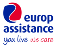 Logo von Europ Assistance mit blauem Schriftzug, rotem und blauem Symbol sowie dem Slogan 'you live we care' in Blau und Rot.