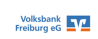 Logo der Volksbank Freiburg eG mit blauem Schriftzug und dem klassischen Volksbank-Symbol in Blau, Weiß und Orange.