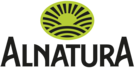 Logo von Alnatura mit einer stilisierten grünen Sonne über einem Feldsymbol und schwarzer Schrift für 'Alnatura'.