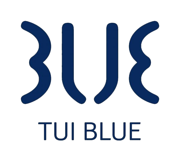 TUI Blue Logo, bestehend aus dem Schriftzug 'Blue' in stilisierter Form mit dem Zusatz 'TUI Blue' darunter.