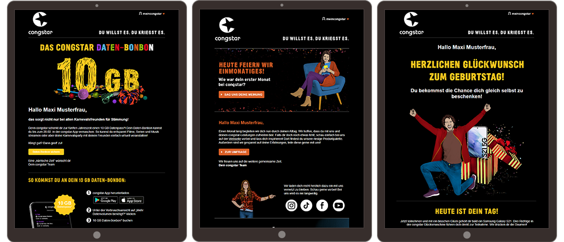 Drei Tablet-Bildschirme zeigen personalisierte E-Mail-Kampagnen von Congstar, einschließlich Angebote, Umfragen und Geburtstagsgrüße.