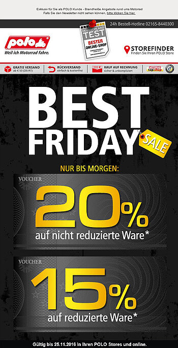 Newsletter von Polo Motorrad mit 'Best Friday Sale' und Rabatten von 20% auf nicht reduzierte Ware sowie 15% auf reduzierte Ware.