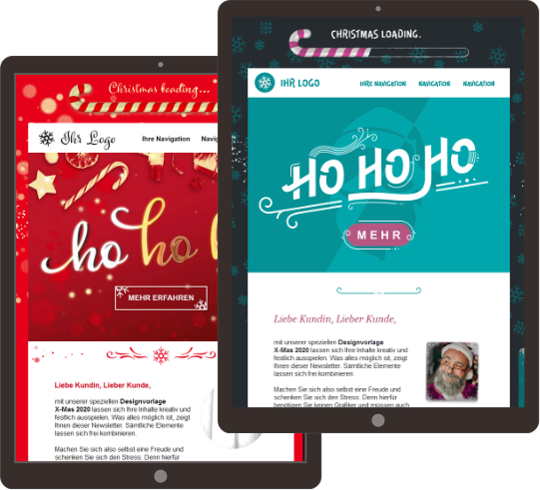 Weihnachtliche Newsletter-Designvorlagen auf Tablets, mit festlichen Elementen und dem Text 'Ho Ho Ho'.