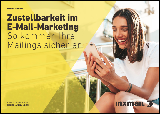 Whitepaper-Cover mit dem Titel 'Zustellbarkeit im E-Mail-Marketing' und einem Bild einer Frau, die ein Smartphone benutzt.