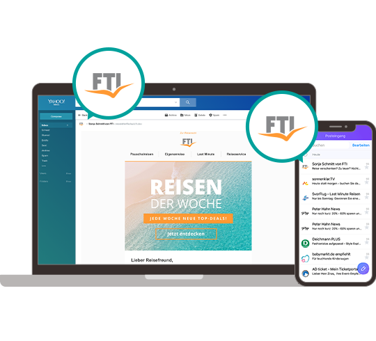 Laptop und Smartphone zeigen eine FTI-Werbung mit dem Titel 'Reisen der Woche', zusammen mit dem FTI-Logo.